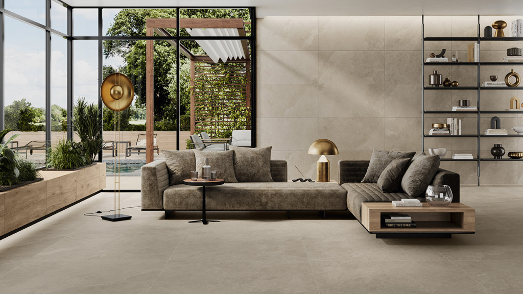 Caesar Slab2 porcelain continuous uninterrupted floor from luxury UAE villa interior living space to outdoor terrace pool area