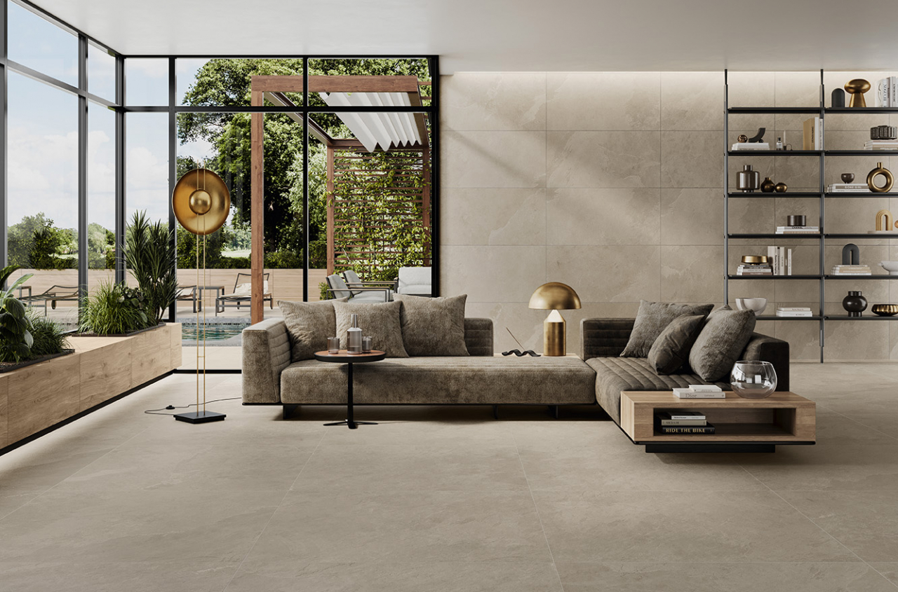 Caesar Slab2 porcelain continuous uninterrupted floor from luxury UAE villa interior living space to outdoor terrace pool area