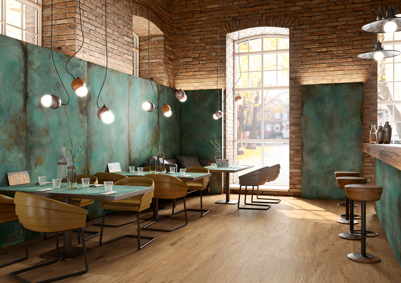 Metal effect look tiles oxydation green trace mint
